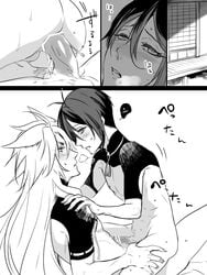 2boys anal blush censored comic face gay kogitsunemaru long_hair male_only mikazuki_munechika monochrome multiple_boys nude parted_lips penis pointless_censoring short_hair sweat touken_ranbu translated veranda yaoi zuwai_kani