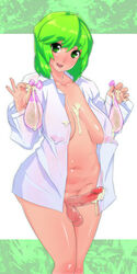 1futa bottomless breasts condom condom_filling cum erect_nipples futanari green_eyes green_hair intersex large_breasts long_breasts long_nipples nipples open_clothes open_shirt oshiruko_(artist) oshiruko_(shiruko) see-through shirt solo_futa uncensored used_condom used_condoms