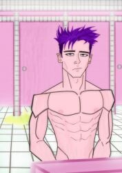 abs anime_artz athletic_male bathroom black_eyes boy handsome korean_male lean_body peeing pink_nipples public_restroom purple_hair shaved_pubes solo solo_male squid_game t.o.p thanos_(squid_game) toilet urinal urinal_use urination vein young