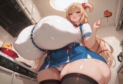 1girls ai_generated akai_haato ass big_lips blonde_hair blue_eyes breasts chocolate clothed cooking female_focus gigantic_breasts haaton_(akai_haato) hololive hololive_japan hyper hyper_ass hyper_breasts isometria kitchen large_ass large_breasts lips looking_at_viewer nipple_bulge overflowing_breasts panties skirt stockings thighhighs tight_clothing upskirt virtual_youtuber