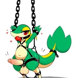 1:1 accessory ai_generated anthro ball_gag balls belly big_balls big_penis bondage bondage bound chains cock_ring cuff_(restraint) erection gag gagged generation_5_pokemon genitals green_body harness heart hellsonger hi_res humanoid_genitalia humanoid_penis jewelry looking_at_viewer male navel nintendo non-mammal_balls penis penis_accessory penis_jewelry pokemon pokemon_(species) red_eyes reptile restraints scalie shackles simple_background slightly_chubby snivy solo straps submissive thick_thighs white_background