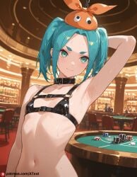 ai_generated beautfiul_background bondage bondage bondage_outfit casino cluttered_room collar faint_smile flat_chest hand_behind_head harness ononoki_yotsugi scratched stunning_backgroud sweat