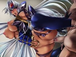 blue_eyes blush breasts censored cg dark_skin erect_nipples grey_hair highres long_hair open_mouth penetration penis pussy sentou_kaiiki sex t-elos tongue_out vaginal_penetration very_long_hair xenosaga