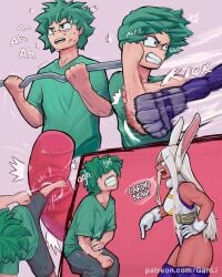 1boy 1girls bunny_ears bunny_girl bunny_tail dark-skinned_female dark_skin ganli green_hair izuku_midoriya light-skinned_male light_skin mirko miruko muscular_female muscular_male my_hero_academia rumi_usagiyama training working_out workout