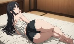 1girls ai_generated alternate_costume ass ass_focus bare_legs bare_thighs barefoot bed black_hair booty_shorts bubble_butt casual chainsaw_man dat_ass female female_only legs looking_at_viewer on_bed scar_on_face shorts soles solo stable_diffusion tank_top toes yoru_(chainsaw_man)