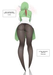 absurd_res ass clothes_lift daisy_(luxurias) english_text fan_character fishnet_pantyhose gardevoir gardevoir_plushie_(meme) generation_3_pokemon green_hair humanoid humanoid_female humanoid_only luxurias meme nintendo not_furry panties_under_pantyhose pantyhose pokemon pokemon_(species) rear_view sideboob text_box twitter_link very_high_resolution wet_pussy white_background