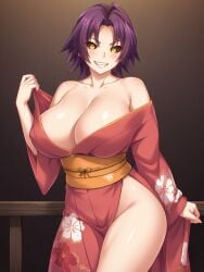 ahoge ai_generated ass azuma_marina bare_shoulders big_ass big_breasts black_sclera breasts cleavage demon demon_girl female glowing_eyes grin huge_ass huge_breasts isogil kashidashi_tsuma_marina_no_"netorase"_houkoku_binkan_tsuma_to_zetsurin_daigakusei kimono partially_clothed partially_undressed purple_hair seductive sexy_pose sharp_teeth shiny_skin short_hair smile stretching stripping thick_thighs thighs undressing yellow_eyes