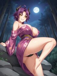 ahoge ai_generated ass azuma_marina bare_shoulders big_ass big_breasts black_sclera breasts cleavage demon demon_girl female forest glowing_eyes grin huge_ass huge_breasts isogil kashidashi_tsuma_marina_no_"netorase"_houkoku_binkan_tsuma_to_zetsurin_daigakusei kimono night night_sky purple_hair purple_kimono seductive sexy_pose sharp_teeth shiny_skin short_hair smile thick_thighs thighs tree yellow_eyes