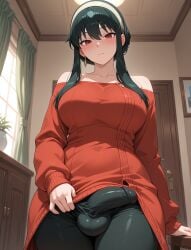 1futa ai_generated black_hair breasts bulge bulge_through_clothing clothed flaccid flaccid_penis futa_only futanari joocass large_breasts lifting_shirt looking_at_viewer red_eyes solo spy_x_family stable_diffusion thick thick_thighs thighs white_skin yor_briar yor_forger