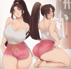 ass athletic_female big_ass big_breasts big_thighs breasts casual_clothes fatal_fury feet female hanpetos human human_only king_of_fighters light-skinned_female light_skin mai_shiranui pink_shorts ponytail snk tank_top thick_thighs thighs twitter_link