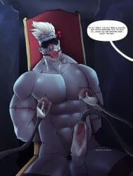 ball_gag balls bara beard blindfold boner cum erection facial_hair hands_behind_back identity_v lactation male male_lactation male_only milking_machine muscles muscular nipple_pump nude penis penis_pump percy_(identity_v) revealyoursins solo solo_male speech_bubble