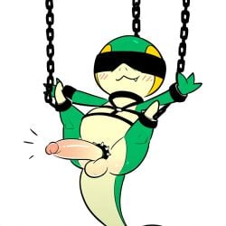 1:1 ai_generated anthro balls blindfold blush bondage bondage bound chains cock_ring cuff_(restraint) erection generation_5_pokemon genitals green_body harness hellsonger hi_res humanoid_genitalia humanoid_penis male nintendo nude penis penis_accessory penis_jewelry pokemon pokemon_(species) reptile restraints scalie shackles simple_background snivy solo submissive_male suspension white_background