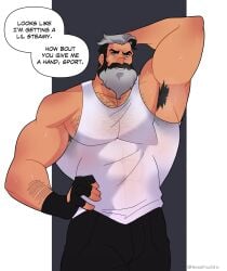 armpit armpit_hair balls bara beard bulge clothing facial_hair flaccid gijinka hand_behind_head hand_on_hip male male_only muscles muscular musk penis revealyoursins solo solo_male speech_bubble steam_deck sweat sweating