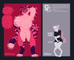 anthro ascannersparkly before_and_after furry furry_female huge_breasts memory_alteration mouse mouse_ears mouse_girl mouse_tail muscular_anthro muscular_female personality_change tiger tiger_ears tiger_girl tiger_tail transformation transformation_sequence