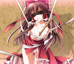 bare_shoulders between_breasts blindfold blush bondage bow breasts brown_hair cleavage female female_only gohei hair_tubes hairbow highres human long_hair moneti_(daifuku) mouth_hold object_between_breasts panties pussy_juice reimu_hakurei sex_toy solo touhou underwear white_panties