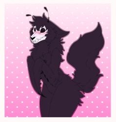 animal_humanoid antennae_(anatomy) anthro arm_tuft arms_bent arthropod arthropod_humanoid barndog big_eyes black_antennae black_body black_fur blush blush_lines bone breasts canid canine covered_breasts covered_nipples elbow_tuft female fluffy fluffy_chest fluffy_hair fluffy_tail fur hair hi_res humanoid insect_humanoid insects mammal mantis mantis_arms mantis_blades mantis_humanoid neck_tuft necromantis_(necromantis) nude pattern_background sharp_teeth simple_background skull skull_head skulldog_(species) smile solo spikes spikes_(anatomy) tail tasteful_nudity teeth thighs_together thighs_up tuft wide_eyed