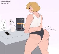 big_ass blonde_hair bubble_butt carol_white coffee fruit_basket_(jamesab) jamesab light-skinned_female listening_to_music morning oc original_character panties shaking_butt wiggling_ass