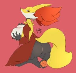 anthro ass big_breasts big_butt black_body black_fur breasts collar delphox ear_tuft female fluffy fluffy_tail fur generation_6_pokemon genitals hidden-cat holding_breast kneeling looking_back nintendo nipples orange_body orange_fur pawpads pokemon pokemon_(species) pussy red_body red_eyes red_fur solo tail thick_thighs tuft white_body white_fur yellow_body yellow_fur