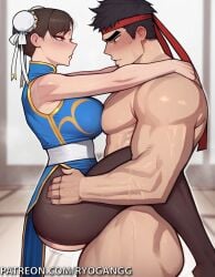 2d ai_generated black_hair brown_eyes chun-li lifted_by_another looking_at_another makeup ryogangg ryu_(street_fighter) sex street_fighter suggestive suggestive_look