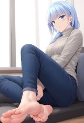 1girls ab1659 barefoot blue_hair feet female foot_fetish looking_at_viewer pov pov_feet solo solo_female