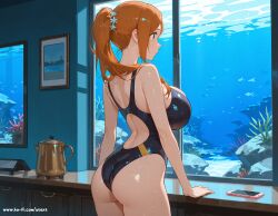 ai_generated aquarium ass bleach breasts huge_breasts inoue_orihime one-piece_swimsuit orange_hair ponytail pot smartphone sweaty_skin