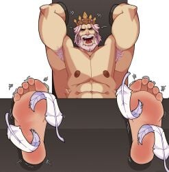 armpit armpit_hair armpits arms_up aurelius_(dragalia_lost) balls bara beard dragalia_lost facial_hair feathers feet foot_fetish laughing male male_only muscles muscular nude penis revealyoursins solo solo_male tickle_fetish tickling tickling_feet