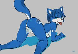 aliasing animal_ear anthro ass blue_eyes blue_hair blush breasts canine devo ear female fox fur furry hair krystal looking_at_viewer looking_back markings nintendo nipples nose nude open_mouth plain_background pussy solo star_fox tongue tongue_out video_games