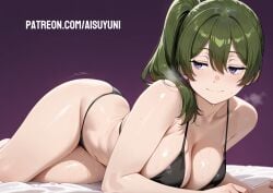 ai_generated aisuyuni bedsheets big_breasts big_thighs bikini black_bikini blush breasts green_hair purple_background purple_eyes simple_background smile sousou_no_frieren sweat ubel_(sousou_no_frieren)