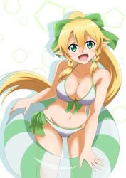 :d absurd_res alluring bikini blonde_hair bow braid cleavage collarbone female floating_hair front-tie_bikini_top front-tie_top green_bow green_eyes hair_between_eyes hairbow halterneck high_ponytail high_res innertube ken-ji leafa leaning_forward long_hair looking_at_viewer medium_breasts midriff navel open_mouth pointy_ears ponytail side-tie_bikini_bottom sidelocks smile standing stomach swim_ring swimsuit sword_art_online twin_braids very_long_hair white_background white_bikini