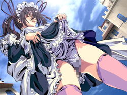 censored cg closed_eyes female frills game_cg hair_ornament legwear maid panties pigeon_blood sky stockings thighhighs