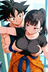 ai_generated black_top breast cheating_husband couple crossover dragon_ball dragon_ball_super dragon_ball_z enen_no_shouboutai excited fire_force goku grabbing_breasts groping_breast horny_female horny_male indoors large_breasts looking_at_another maki_oze male/female muscular_female netorare ntr oze_maki smile son_goku unfaithful upper_body