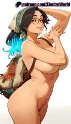 1girls 2025 ai_generated alma_(monster_hunter_wilds) artist_name backpack bag big_breasts big_breasts big_chest black_hair breasts breasts breasts brown_eyes bust busty chest electroworld female glasses hat hi_res high_quality high_resolution highres large_breasts monster_hunter monster_hunter_wilds nude patreon patreon_username smile solo stable_diffusion watermark