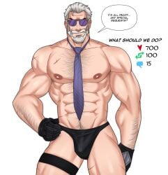 balls bara beard bulge facial_hair flaccid male male_only muscles muscular necktie penis revealyoursins solo solo_male speech_bubble sunglasses tekken victor_chevalier