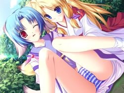 animal_ears blonde_hair blue_hair blush dog_girl female fingering fox_girl game_cg haruhi_sarasa inakoi japanese_clothes kamishiro_mutsuki multiple_girls panties striped striped_panties tail tenmaso underwear yuri