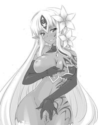 1girls alice_(mon-musu_quest!) alipheese_fateburn_xvi blush breast_slip breasts butter-t censored clitoris dark_skin earring earrings elbow_gloves flower gloves greyscale jewelry lamia large_breasts latex latex_gloves long_hair looking_at_viewer markings monochrome monster_girl monster_girl_quest one_breast_out pointless_censoring pointy_ears pussy simple_background smile solo spread_pussy tattoo vagina very_long_hair white_background