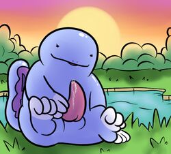 1boy erection grin lake looking_at_viewer male male_only outside penis pokemon precum quagsire quagsire_(artist) sitting solo