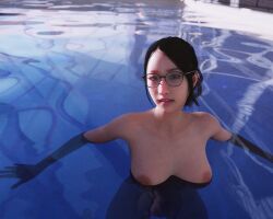 3d black_hair blender brown_eyes forsavide glasses kei_(ryuu_ga_gotoku) kson_onair large_breasts like_a_dragon_(series) nipples nude ponytail ryuu_ga_gotoku sega skinny_dipping wet