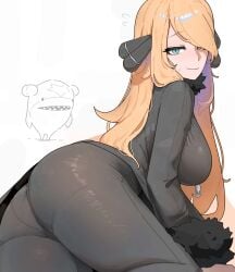 1girls ass ass_focus azz0422 big_ass clothed cynthia_(pokemon) female looking_at_viewer looking_back mature_female older_female pokemon sole_female sweatdrop