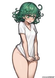 1girls absurd_res artist_name bangs blush breasts clothing collarbone covering_crotch curly_hair curvy embarrassed eyelashes female female_focus female_only green_eyes green_hair hips human looking_down medium_hair no_bra no_panties one-punch_man open_mouth petite pinup redjet revealing_clothes shiny_skin shirt shirt_only short_sleeves simple_background skimpy small_breasts solo solo_female sweat sweatdrop t-shirt t-shirt_only tatsumaki thick_thighs thighs tongue url v-neck white_background wide_hips