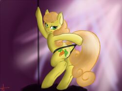 2012 blonde_hair carrot_top_(mlp) clothing cutie_mark dancing digital_media_(artwork) earth_pony equid equine female feral friendship_is_magic fur geeflakes green_eyes hasbro horse mammal my_little_pony panties pole pole_dancing pony smile solo underwear yellow_body yellow_fur