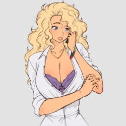 blonde_hair blue_eyes bra bra_showing cleavage fluffy_hair huge_breasts lace-trimmed_bra necklace oc original_character pan_african_colors purple_bra simmsy sophia_vandyke talking_on_phone wavy_hair