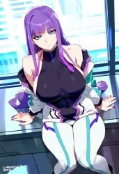 ai_generated big_breasts blue_eyes cyberpunk on_counter orionxesy purple_hair shuumatsu_no_harem suou_mira thick_thighs