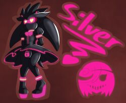 black_bodysuit bulge encasement heart-shaped_pupils hedgehog hedgehog_boy high_heels latex latex_bodysuit latex_clothing latex_suit lock_bulge no_mouth platform_heels restrained screen_face silver_the_hedgehog sonic_(series) sonic_the_hedgehog_(series) swisschocoart visor
