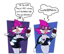 antennae_(anatomy) anthro arthropod black_clothing black_dress breasts clothing container cup disney dress drinking_glass english_text female fly_(animal) genitals glass glass_container glass_cup gloves hair handwear hi_res insects maggie_pesky pink_hair presenting presenting_breasts presenting_vulva pussy solo text the_buzz_on_maggie vulva white_clothing white_gloves white_handwear wine_glass wings