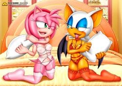 2girls amy_rose anthro bbmbbf bed blush bra breasts female female/female female_only gold_level hi_res lingerie mobian_(species) mobius_unleashed one_eye_closed open_mouth palcomix pietros_secret_club pillow rouge_the_bat sega sonic_(series) sonic_the_hedgehog_(series) stockings tongue underwear yuri