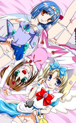 3girls animal_ears arms_up bed_sheet blonde_hair blue_eyes blue_hair bow cat_ears dress dress_lift earrings female female_only green_eyes hairbow jewelpet jewelpet_(series) jewelpet_tinkle jewelry looking_at_viewer lying magical_girl miria_marigold_mackenzie multiple_girls on_back open_mouth orange_eyes panties panty_pull pussy sakura_akari sanrio sara_(jewelpet) sega sega_fave sega_toys short_sleeves uncensored wings wrist_cuffs yami_no_kohaku