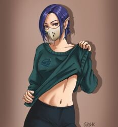 1girls aeldari aeldari_corsair blue_hair elf elf_ears elf_female elf_girl female stripping sweater warhammer_(franchise) warhammer_40k