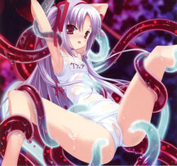 armpits arms_up bandaid bandaid_on_pussy hagiwara_onsen highres long_hair momono_shiori one-piece_swimsuit purple_hair red_eyes restrained ribbon school_swimsuit see-through smile spread_legs swimsuit tentacle tied_hair twintails very_long_hair wet wet_clothes white_school_swimsuit