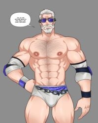 balls bara beard body_hair bulge facial_hair flaccid male male_only muscles muscular penis revealyoursins solo solo_male speech_bubble sunglasses tekken victor_chevalier