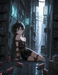 ai_generated beautfiul_background bondage bookshelf can cityscape desolate_landscape erasa_(dragon_ball) flat_chest flickering_streetlights glowing_neon_lights kneeled_seductive stunning_backgroud tear tree